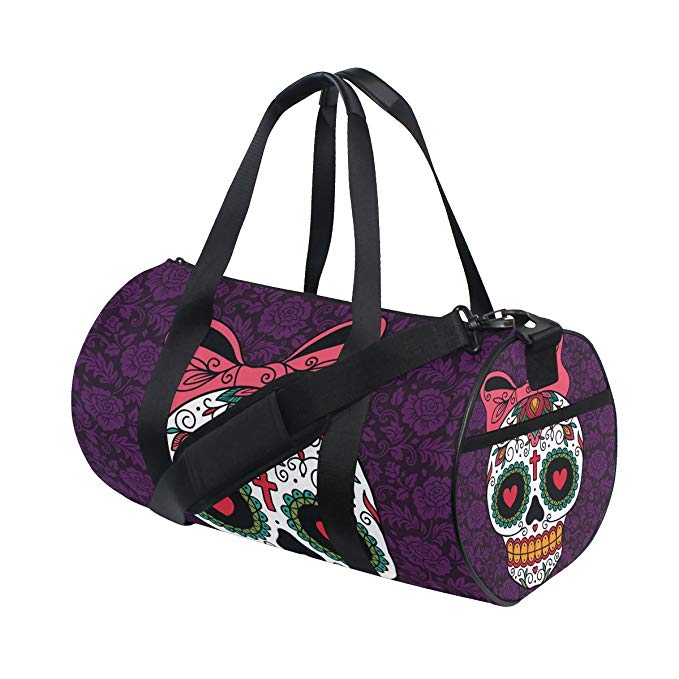 Naanle Mexican Sugar Skull Girl Purple Floral Day Of The Dead Gym bag Sports Travel Duffle Bags for Men Women Boys Girls Kids