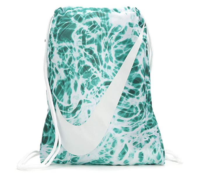 NIKE Young Athlete Drawstring Gymsack Backpack Sport Bookbag (Emerald Splash Graphics/White Signature Large Brand Name Logo and Swoosh)