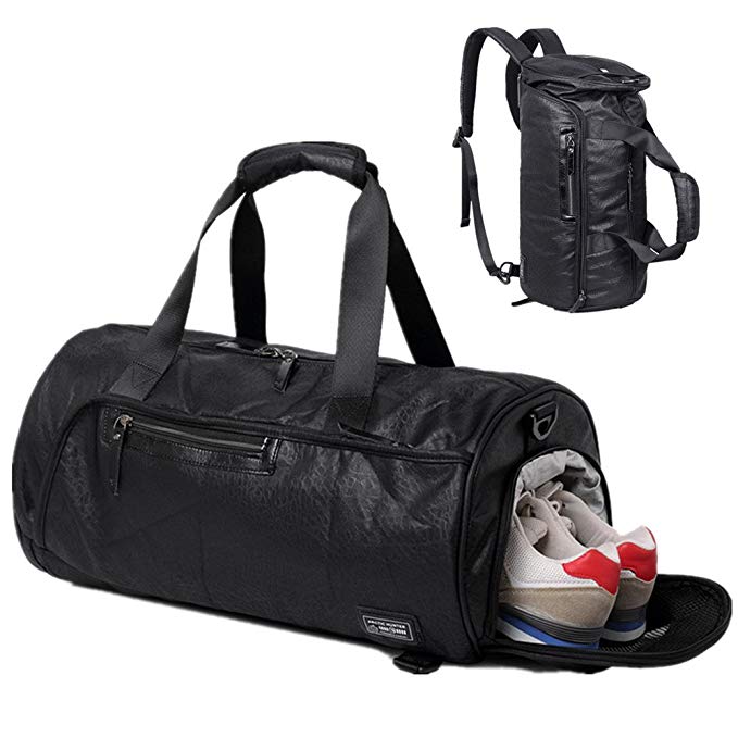 Gym Duffel Bag Sports Travel Backpack Weekender Overnight Tote Bag with Shoe Compartment (Black)