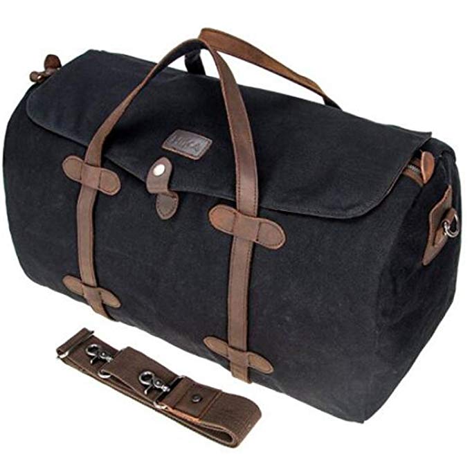 FXTXYMX Travel Duffels Bag Waterproof Waxed Canvas Genuine Leather Trim Shoulder Tote Handbag Weekend Bag for Men Women (Black)