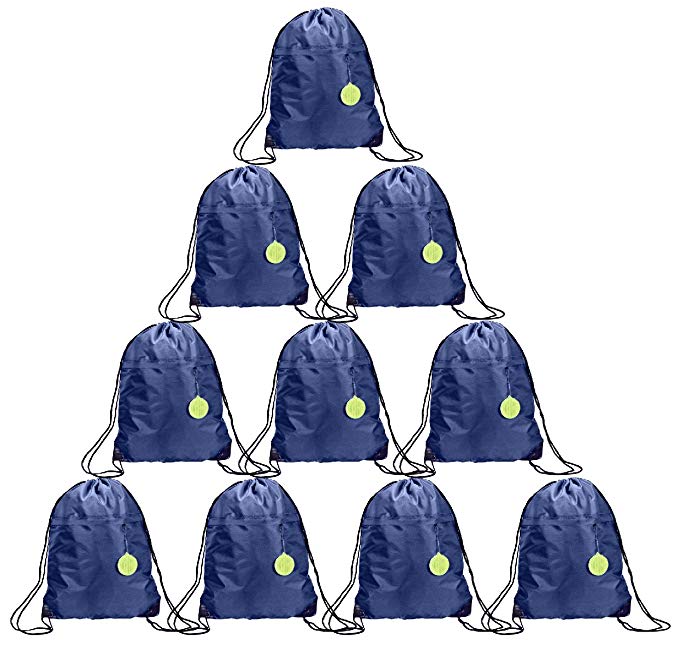 Wave Sport Gym Sack 10 Pack | (White, Black, Neon Green,Yellow, Navy Blue)| Drawstring Backpack Bag with Pockets | Includes FREE Reflector Keychain Use for Soccer Kit,Gym Shoes &Travel-Blue