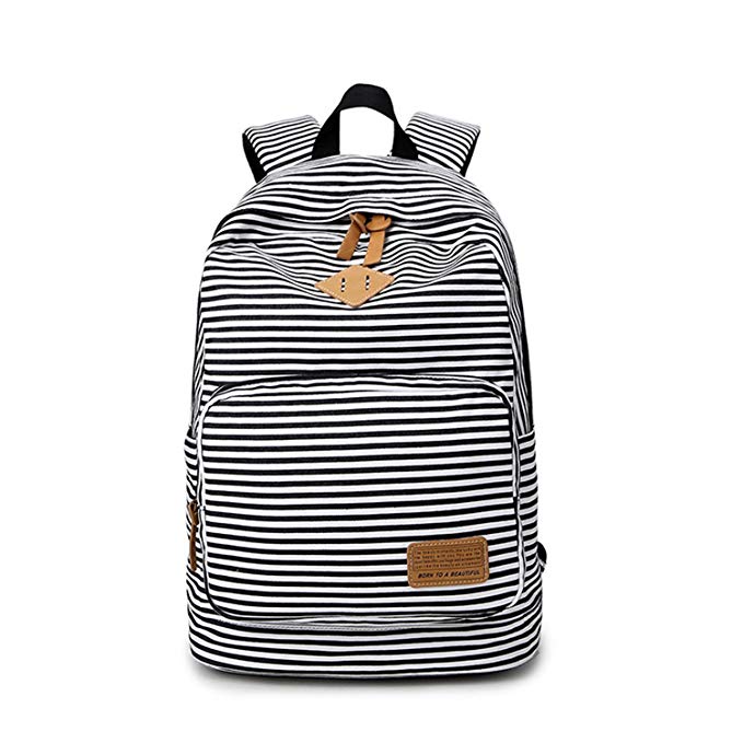 YQWEL Striped Canvas Backpack Girls School Bag Women Casual Travel Daypack (Black)