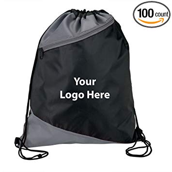 Personalized Drawstring/Cinch Sport Bag with Outside Zip Pocket - 100 Quantity - $4.25 Each - Large size, 3-Tone Bulk Promotional Product Branded with Your Logo / Customized. 7” x 4” imprint area