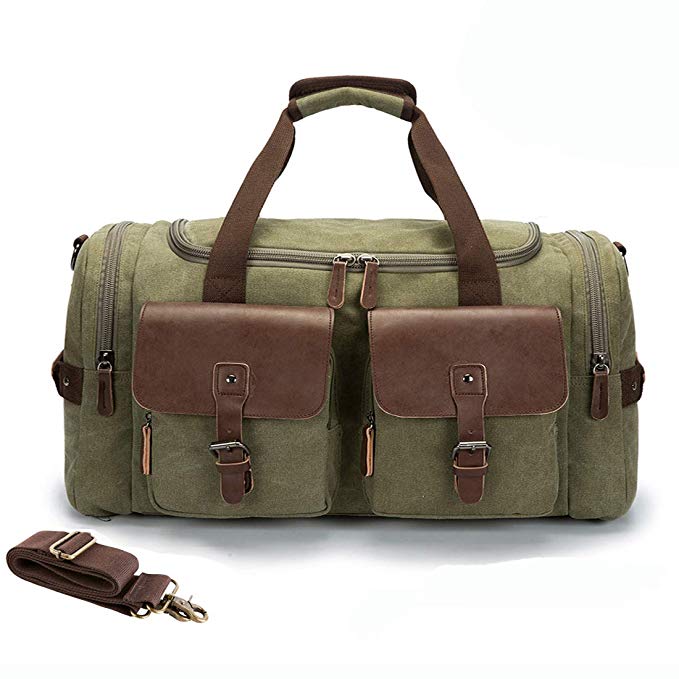 MEWAY Large Multi-Functional Canvas Travel Duffel Bag Overnight Carry On Bag Sports Gym Tote Shoulder Bag with Strap (GREEN, ✔PU LEATHER)