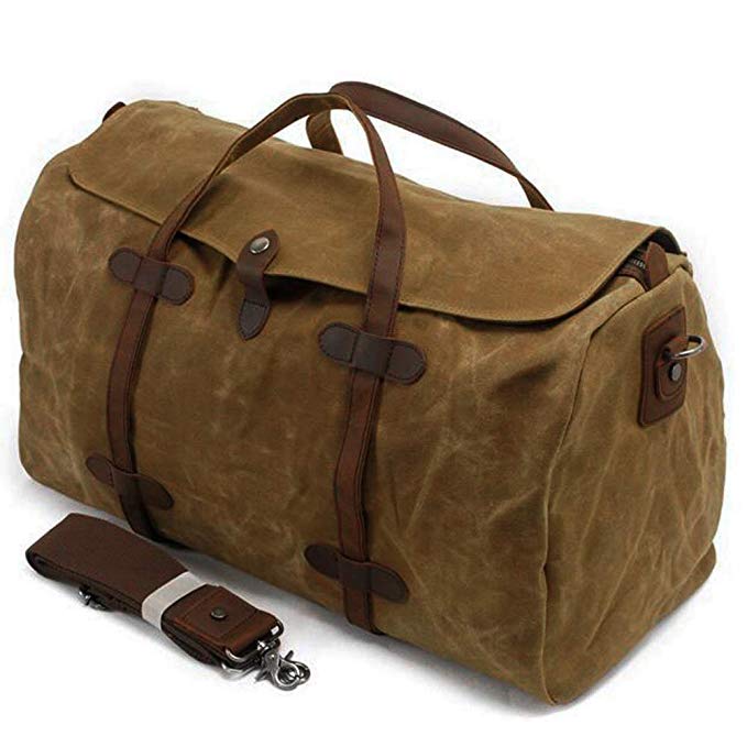 S-ZONE Waterproof Waxed Canvas Leather Trim Travel Tote Duffel Handbag Weekend Bag