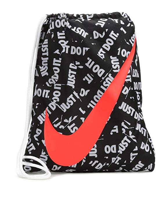 NIKE Young Athlete Drawstring Gymsack Backpack Sport Bookbag (Black Graphics/Crimson Signature Large Brand Name Logo and Swoosh)