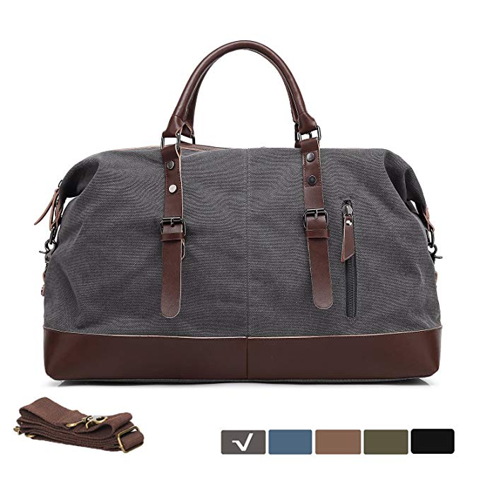 WULFUL Canvas Travel Duffel Bag Oversized Luggage Leather Overnight Bag Tote Weekender Bag