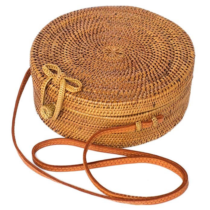 Bali Bag/Straw Bag for Women with Bow Clasp – Handwoven Round Straw Crossbody Bag with Linen Lining, Perfect Summer Beach Bag