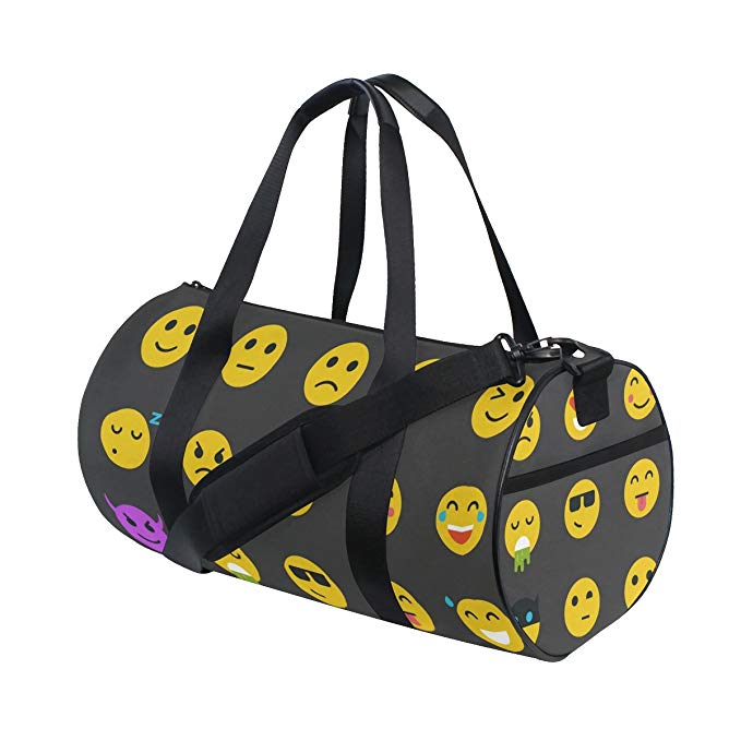 Naanle Flat Yellow Emoji Iocn Smiley Face Black Gym bag Sports Travel Duffle Bags for Men Women Boys Girls Kids
