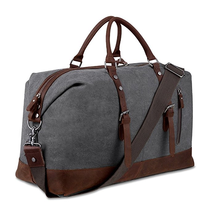 Canvas Overnight Bag Travel Duffel Genuine Leather for Men and Women Weekender Tote