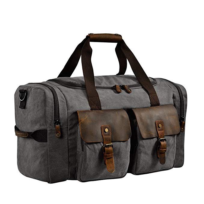 Kopack Travel Duffel Bag W Shoe Pocket Genuine Leather Mens Weekender Bag Canvas Khaki/Grey/Army Green 22