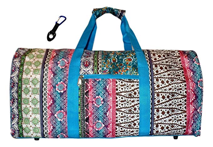 21 in Print Duffle, Overnight, Carry on Bag with Outside Pocket and Shoulder Strap (Personalized - Boho Blue Trim)