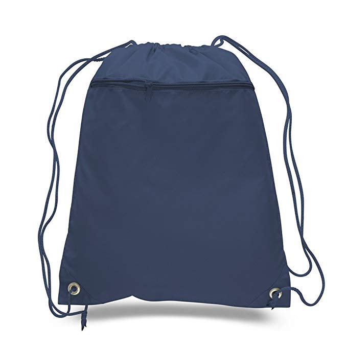Lot of 12 - Navy Blue Polyester Drawstring Bag with Zipper, by BagzDepot