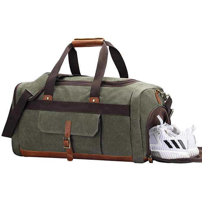 S-ZONE Vintage Canvas Geniune Leather Trim Travel Tote Duffel Bag with Shoes Pouch